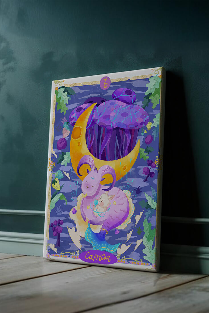 Colorful Capricorn zodiac illustration with fantasy elements