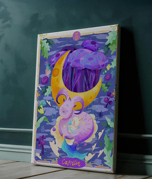 Colorful Capricorn zodiac illustration with fantasy elements
