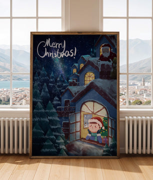 Festive Christmas scene with Santa and a cozy home