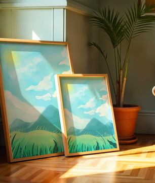 Sunny Day Overlooking a Mountain Landscape with Rolling Hills and Blue Sky