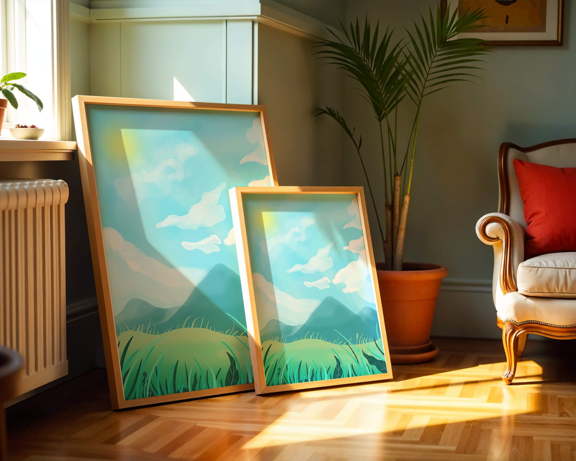 Sunny Day Overlooking a Mountain Landscape with Rolling Hills and Blue Sky