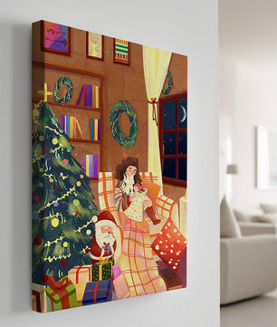 Cozy Christmas scene with tree, gifts, and a child by the window