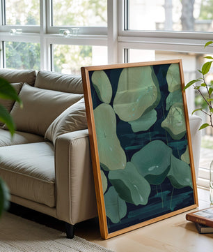 Green lily pads on a dark water background illustration