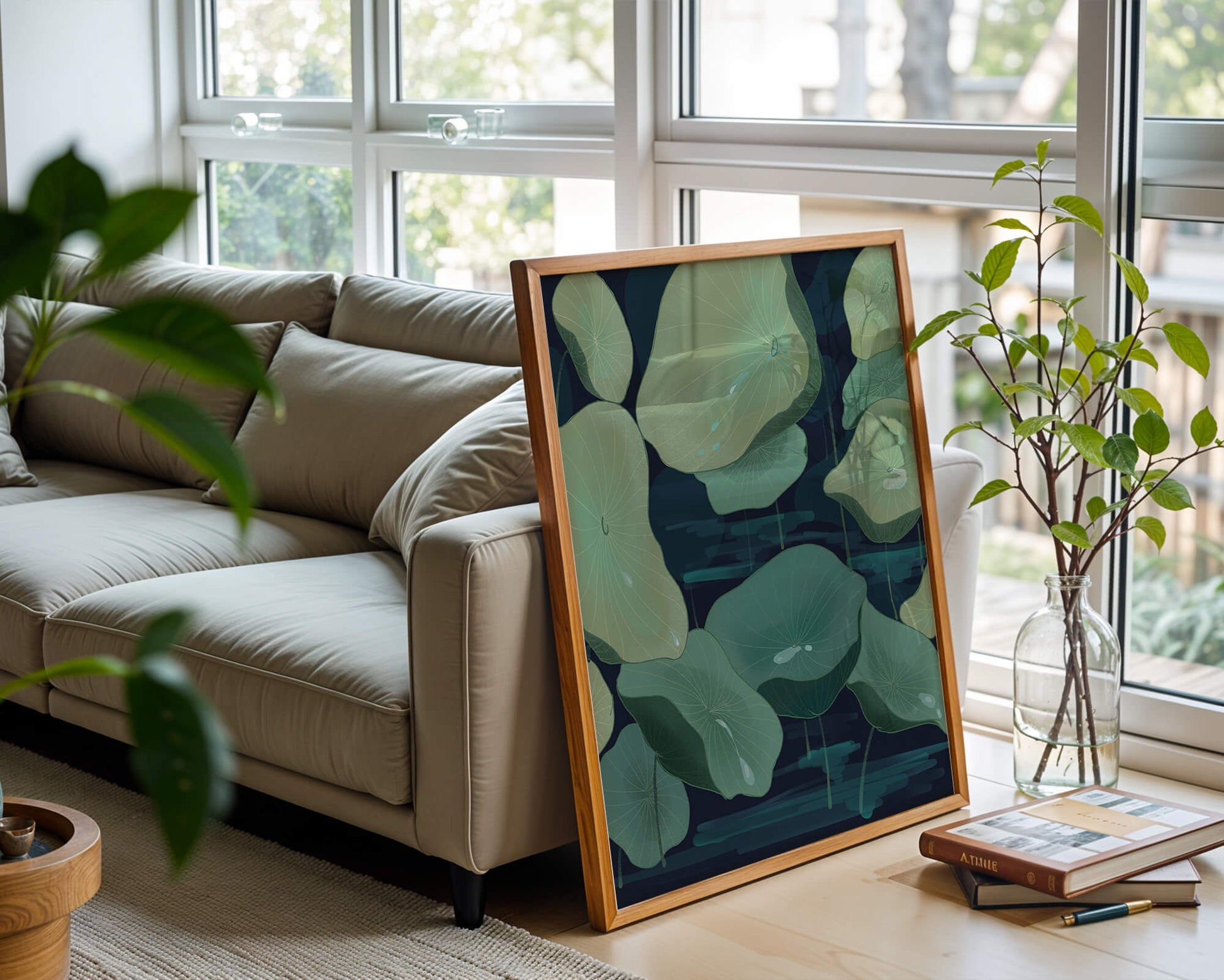 Green lily pads on a dark water background illustration