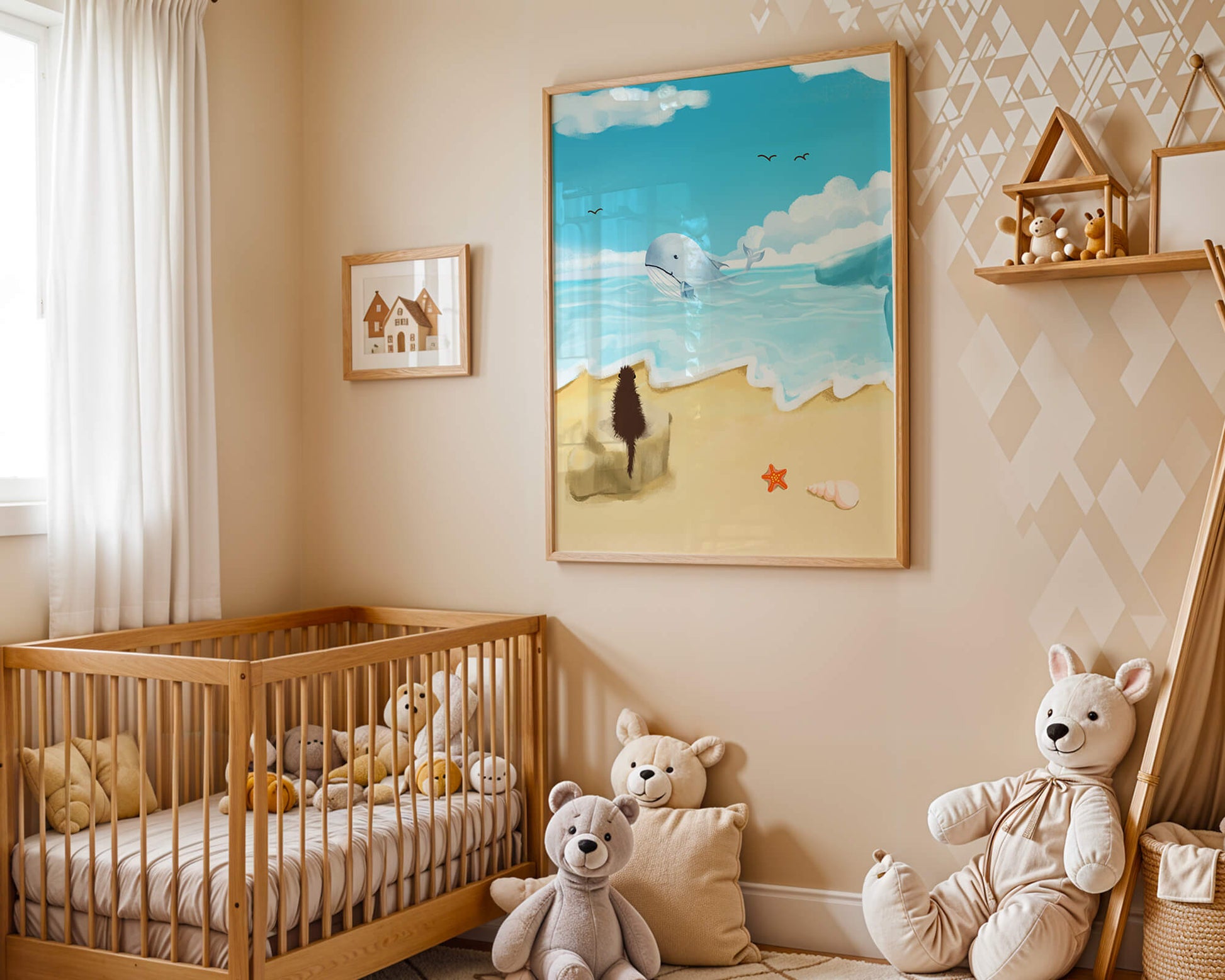 Vista al océano con ballena y elementos de playa