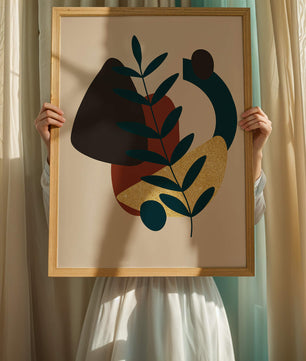 Abstract Botanical Composition with Geometric Shapes and Gold Accent - Mi tienda