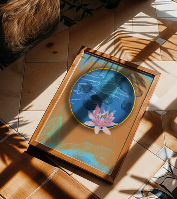 Abstract water lily art with gold accents on blue and orange background