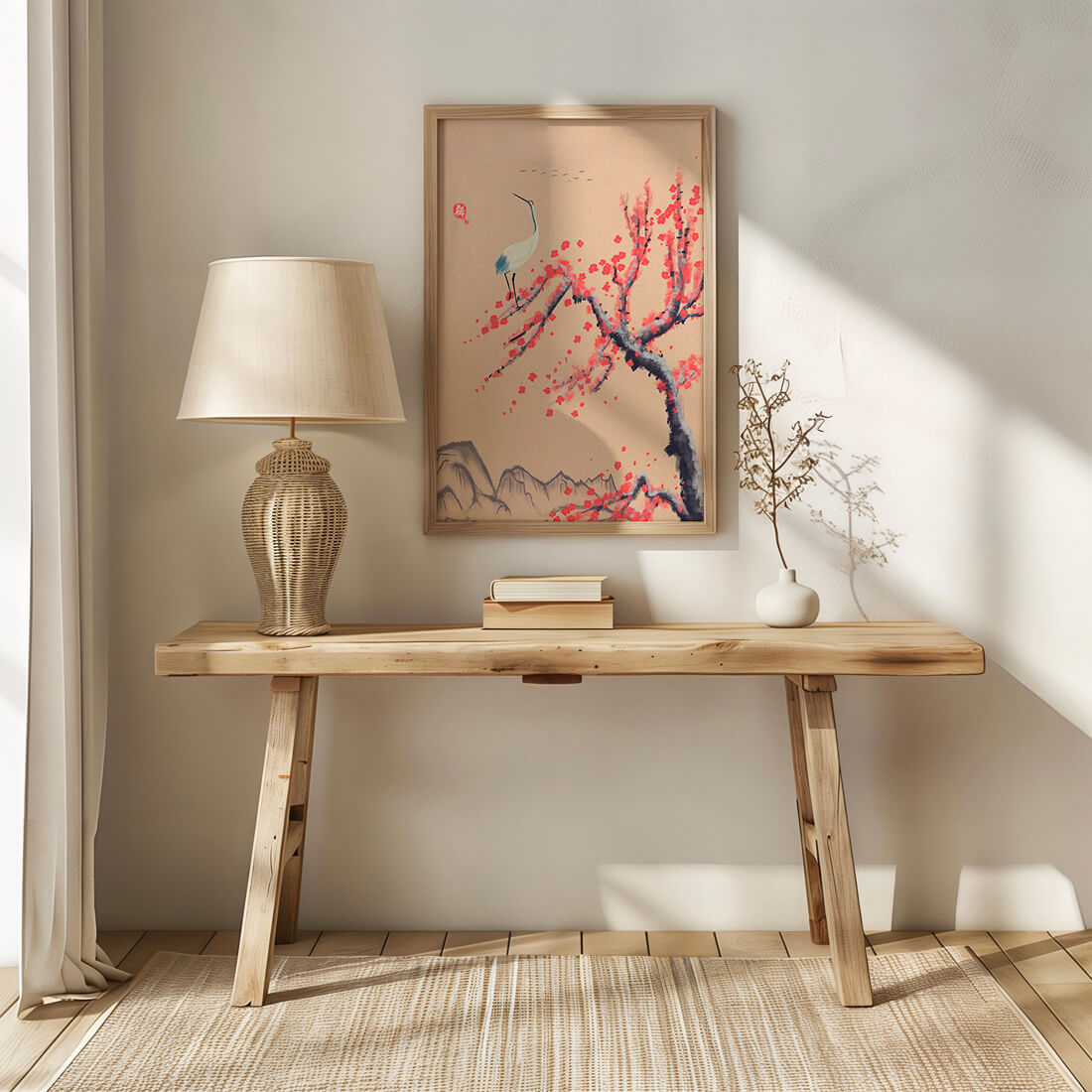 Elegant crane on cherry blossom tree with mountainous background