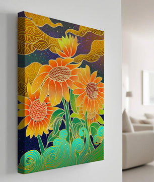 Vibrant sunflowers with intricate background patterns