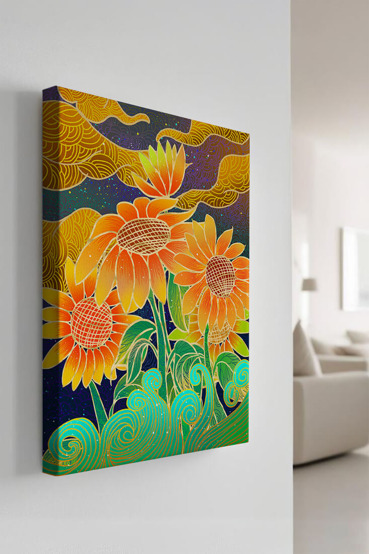 Vibrant sunflowers with intricate background patterns