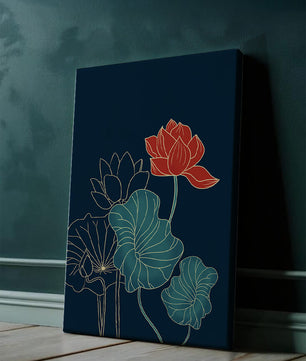Elegant Floral Illustration with Vibrant Lotus and Gold Outlines on Dark Background