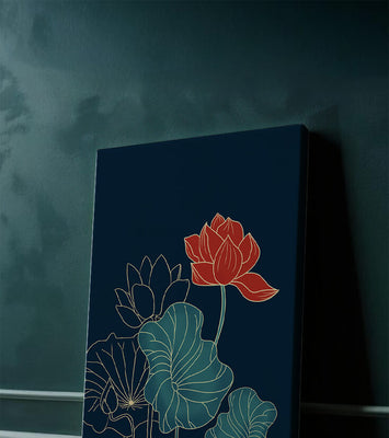 Elegant Floral Illustration with Vibrant Lotus and Gold Outlines on Dark Background