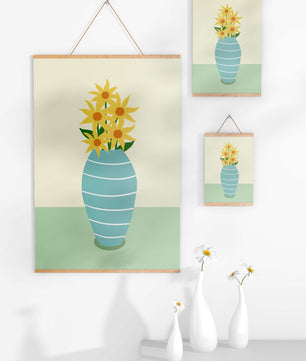 Yellow Sunflowers in a Blue Striped Vase on a Minimalist Background - Mi tienda