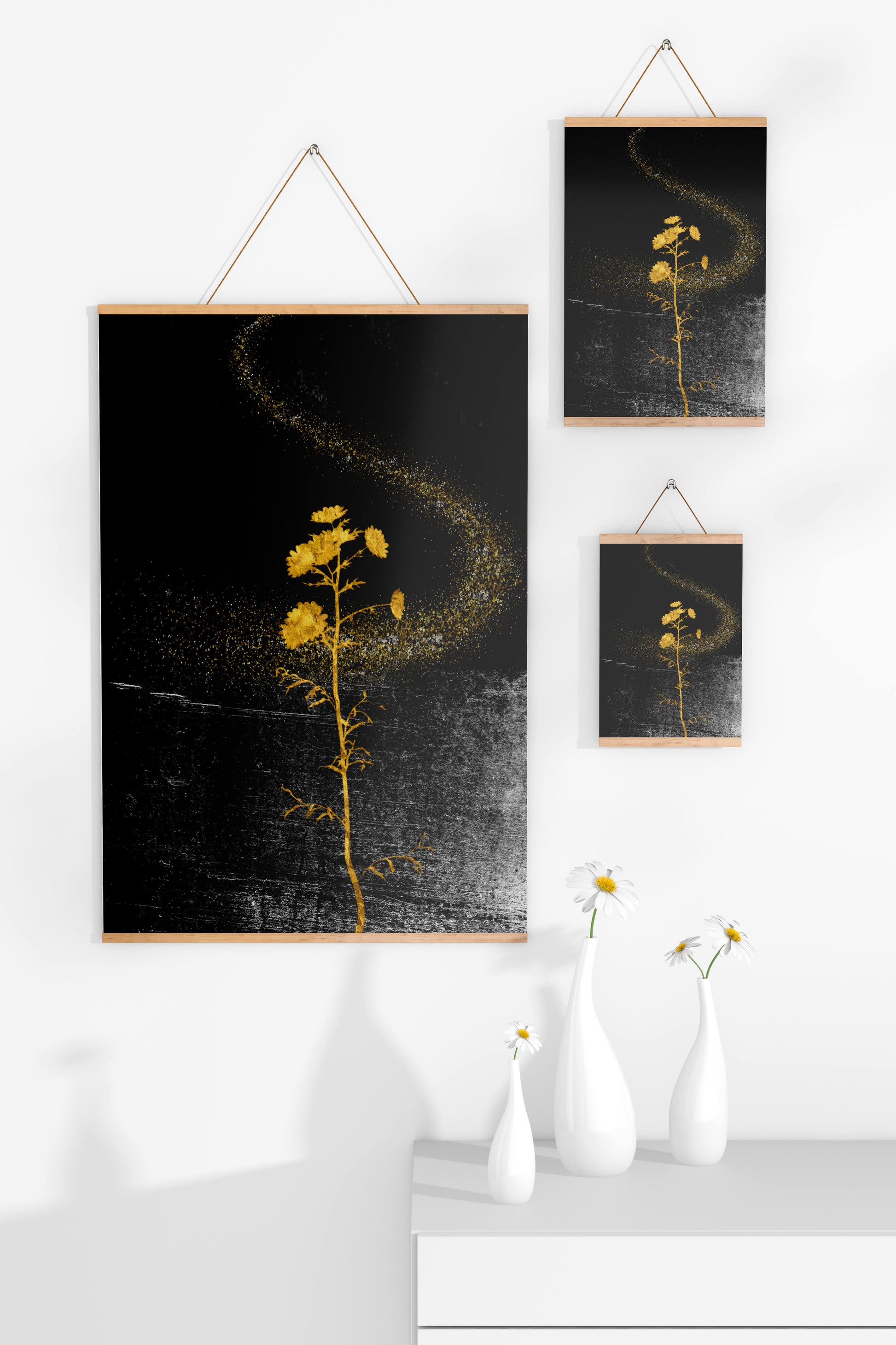 Golden Flowers on Black Background with Sparkling Dust
