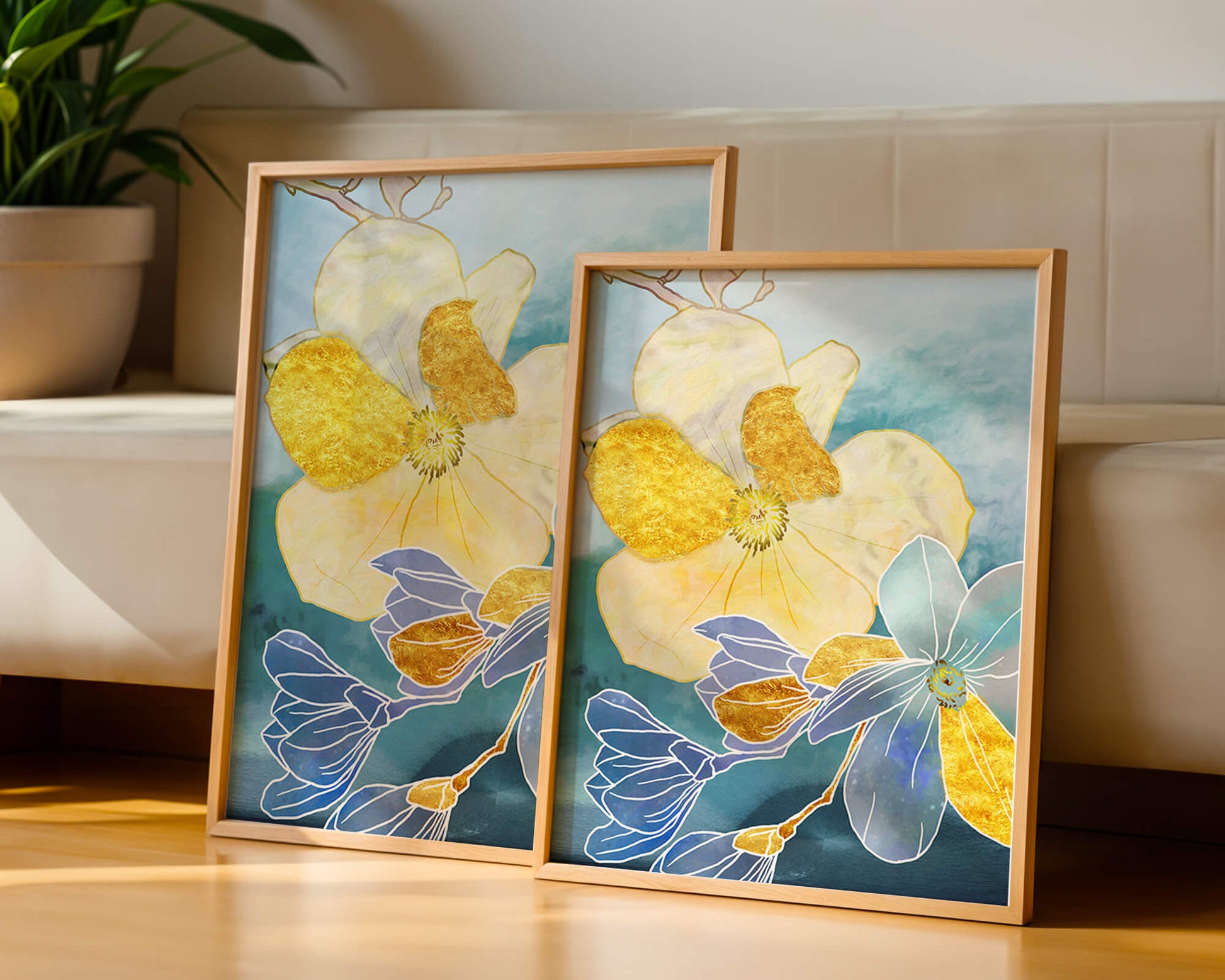 Arte floral abstracto con detalles dorados y tonos azules