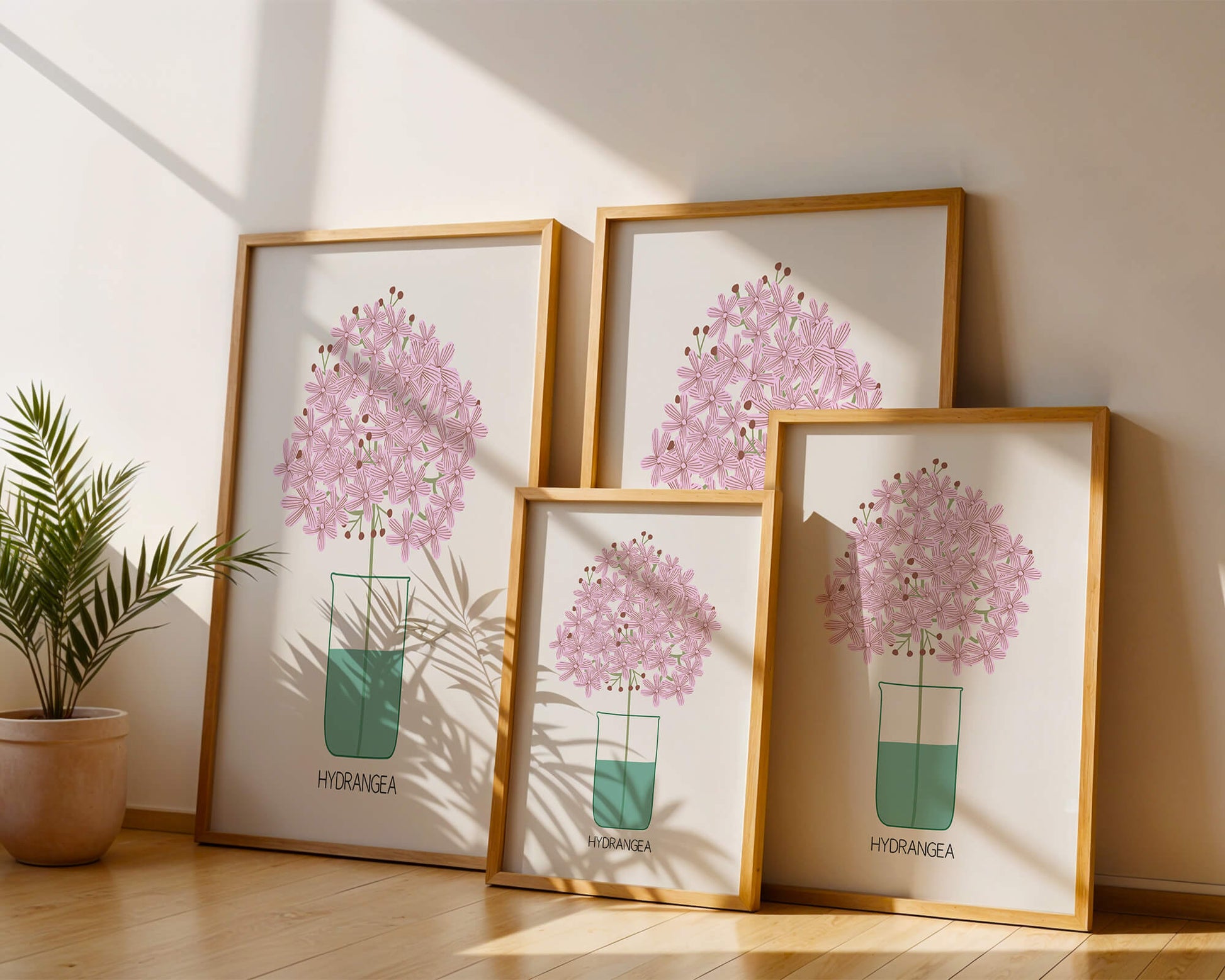 Illustration von Hortensienblüten in einer Vase mit eleganter Linienkunst