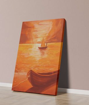 velero en un mar anaranjado al atardecer con gloriosa reflexión del cielo