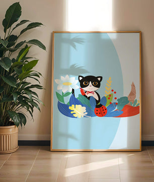 Ilustración de un gato con mariquita y flores sobre fondo azul claro