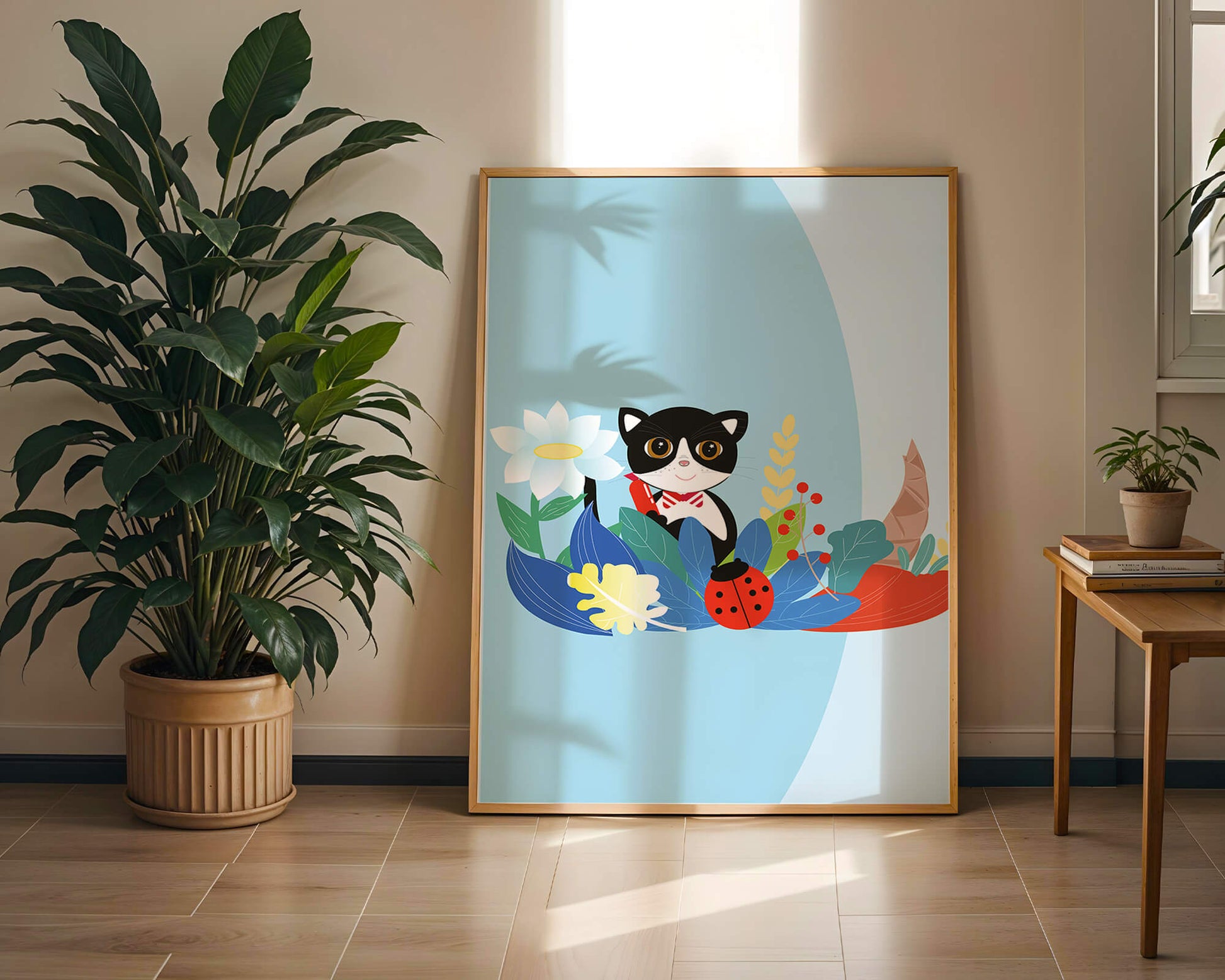 Ilustración de un gato con mariquita y flores sobre fondo azul claro