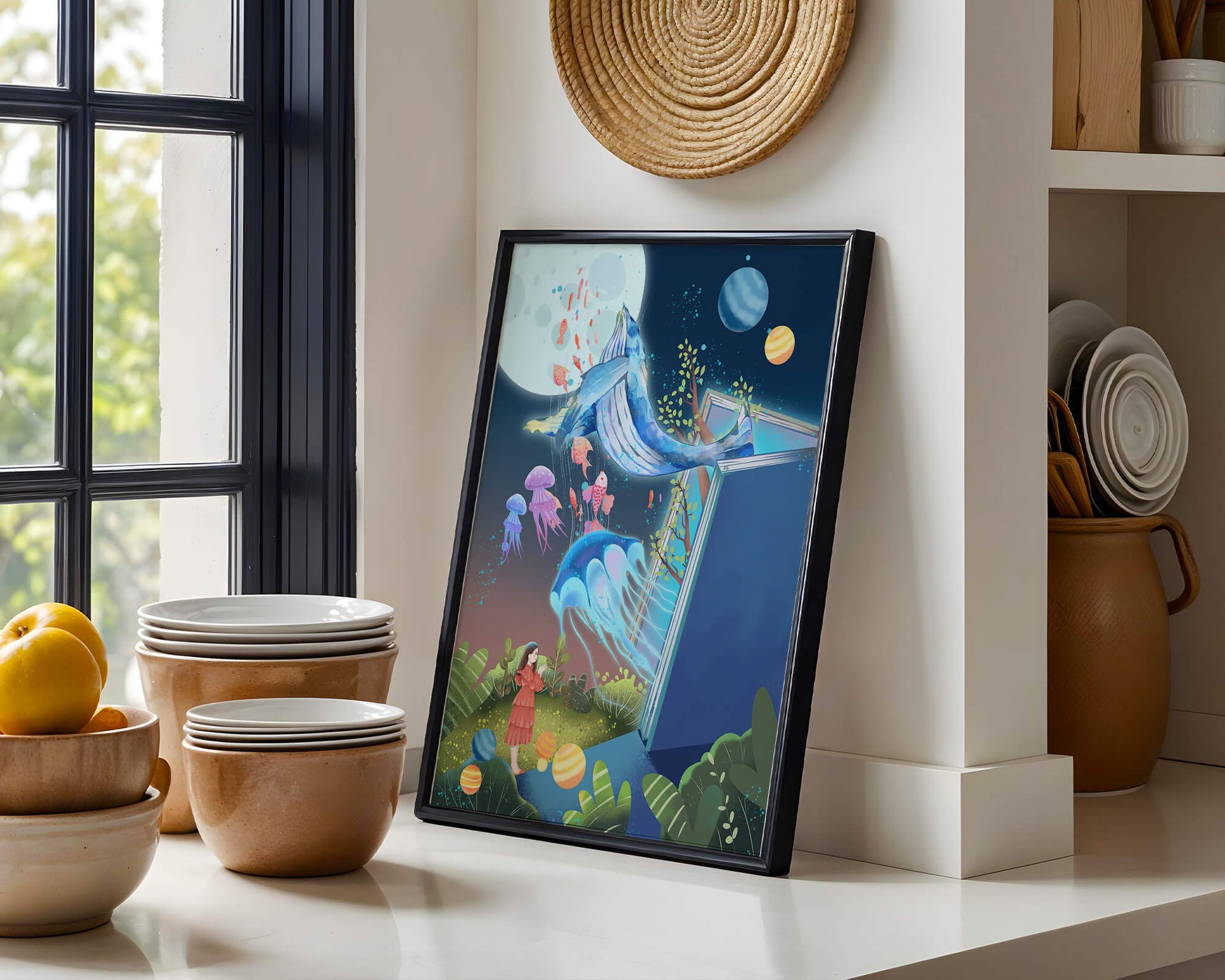 Surreal Ocean Life Emerging From a Book in a Dreamlike Forest Scene