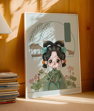 Charming illustration of a cute character in traditional Asian attire with floral elements