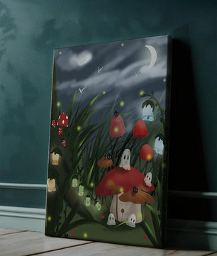 Enchanted night scene with glowing mushrooms and moonlit sky