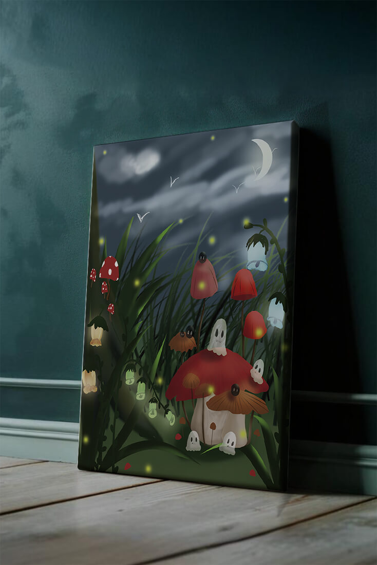 Enchanted night scene with glowing mushrooms and moonlit sky