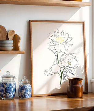 Elegante Pfingstrosen-Linienkunst mit goldenen Akzenten
