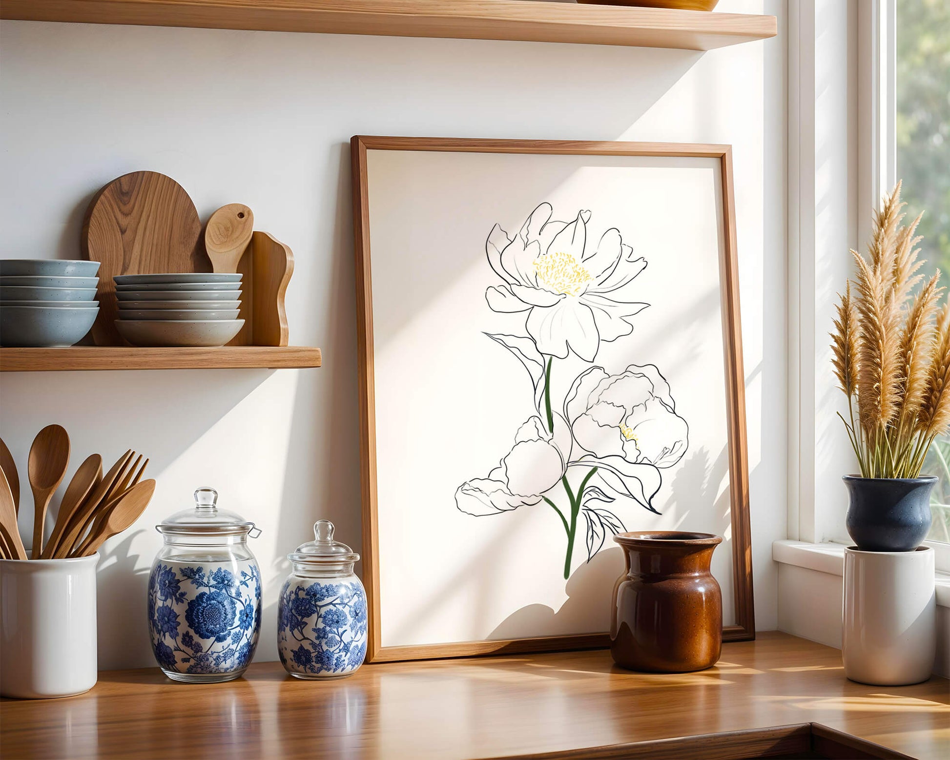 Elegante Pfingstrosen-Linienkunst mit goldenen Akzenten