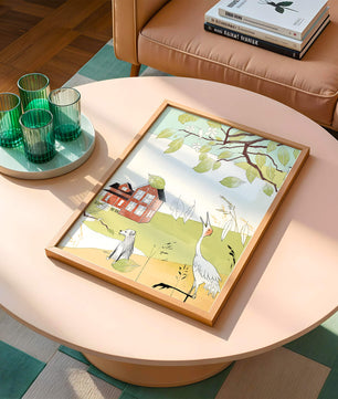 Tranquil rural landscape illustration with house, dog, and crane