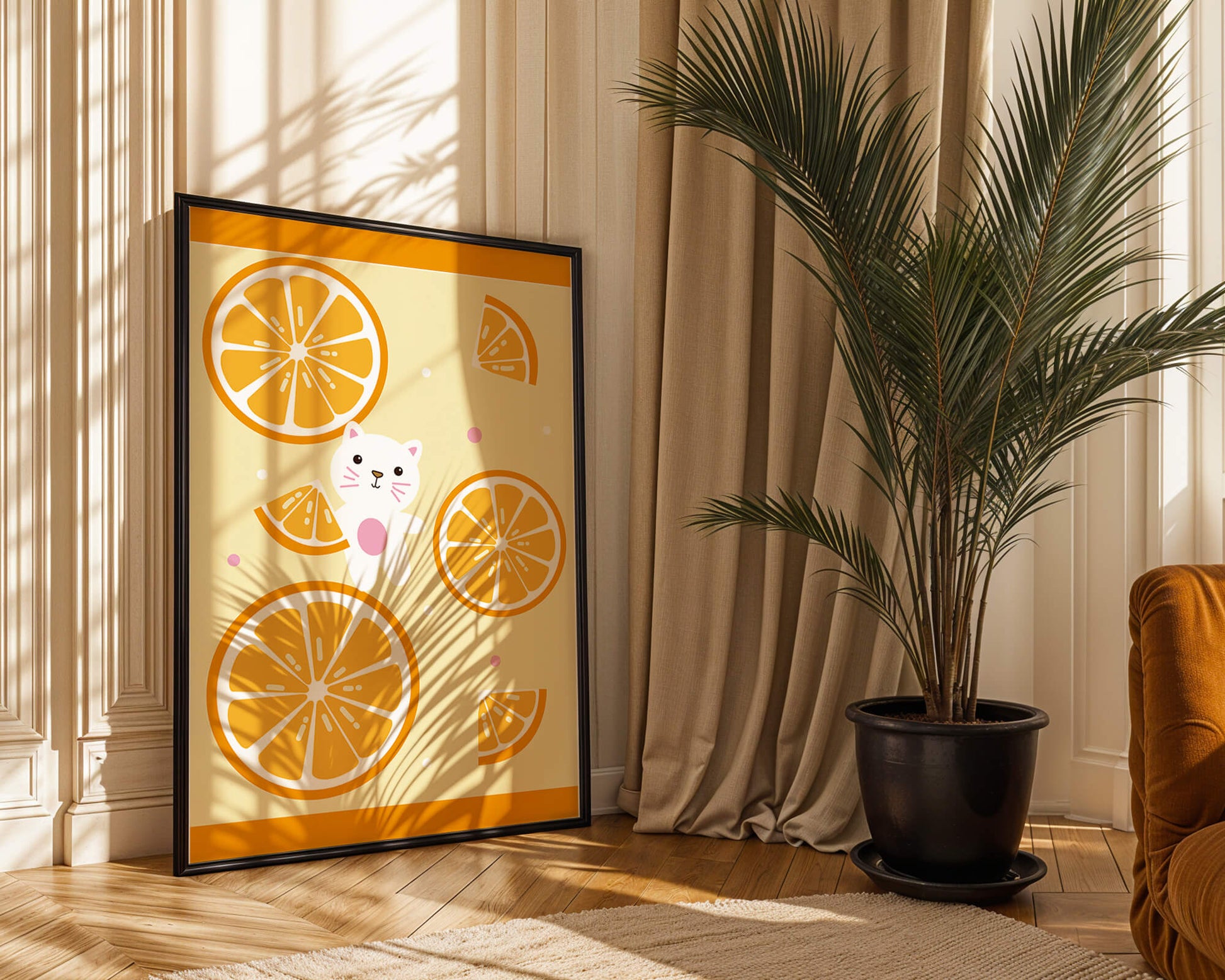 Illustration of a playful cat with orange slices on a colorful background