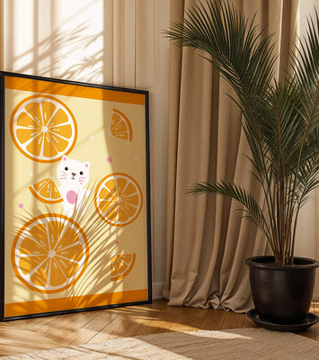 Illustration of a playful cat with orange slices on a colorful background