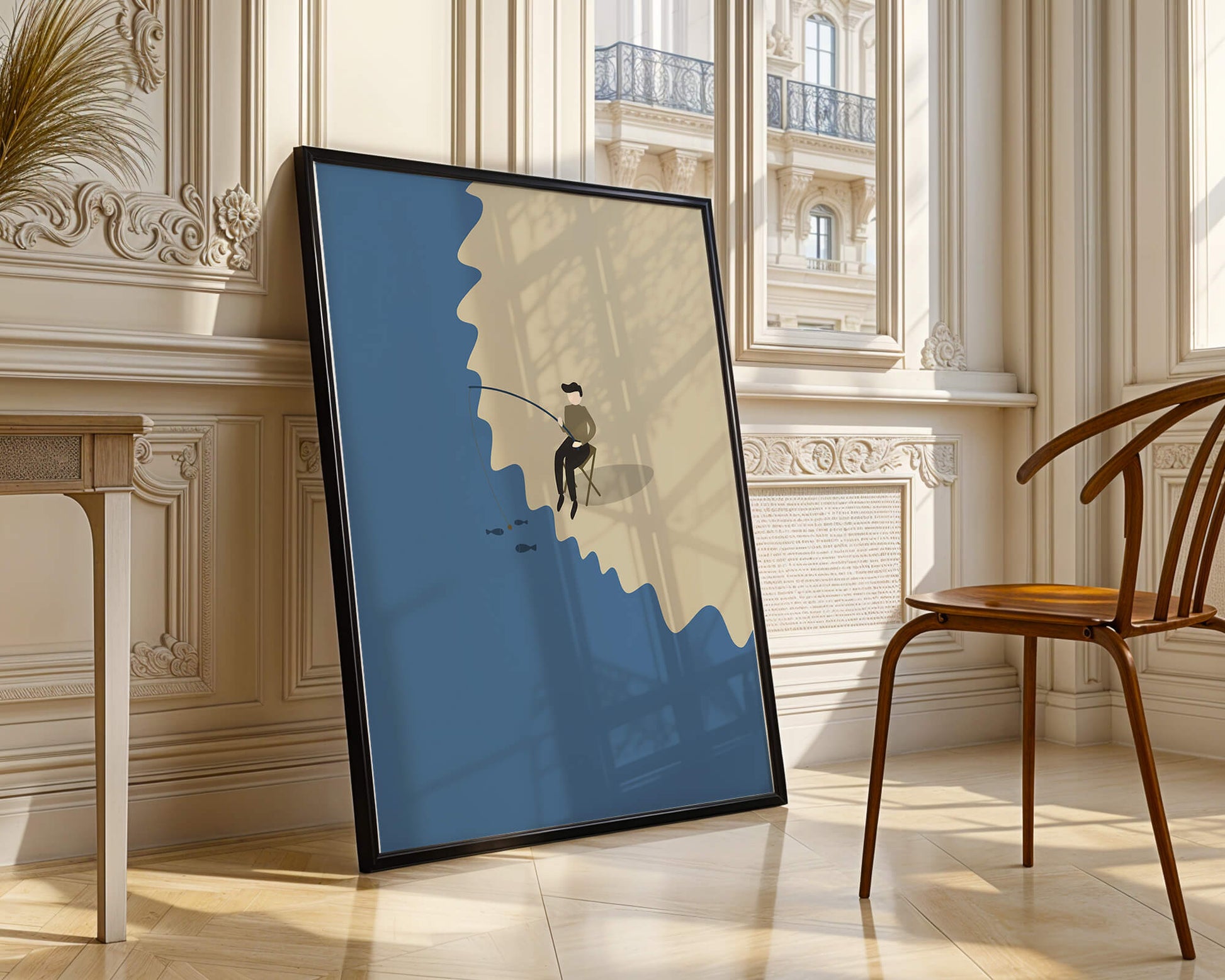 Ilustración minimalista de una persona pescando por el mar