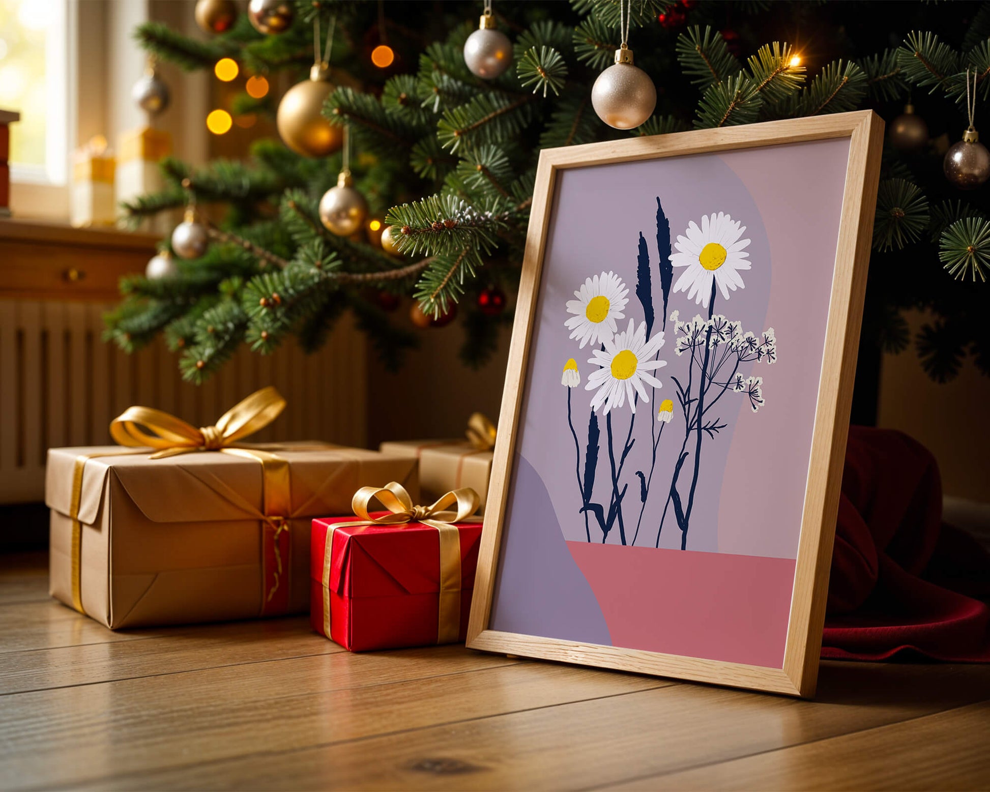 Zarte weiße Gänseblümchen mit gelben Zentren auf modernem Pastell-Hintergrund