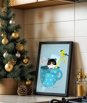 Playful illustration of cat, rabbit, and bird in a teacup