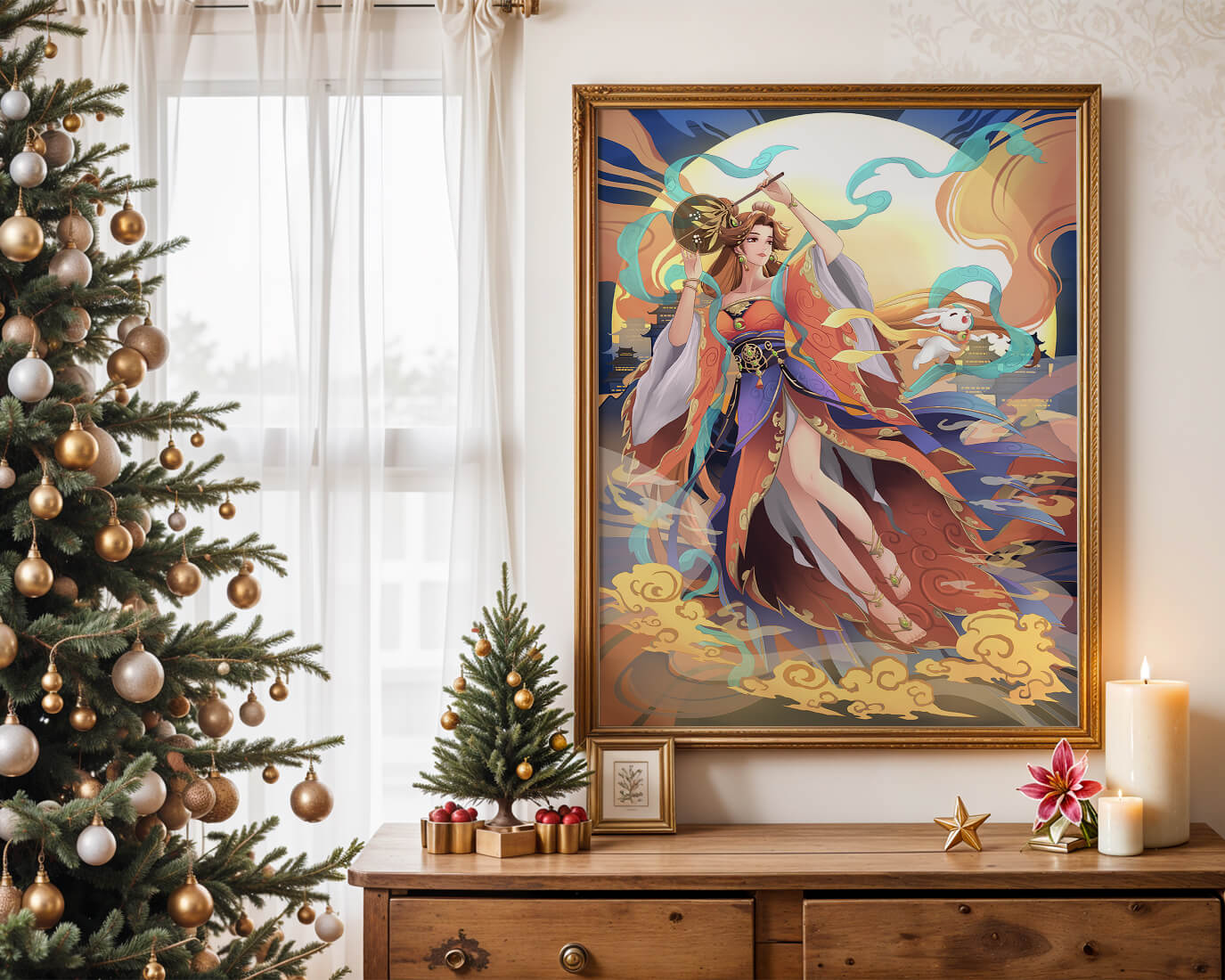 Elegant goddess with flowing robes against a mystical backdrop