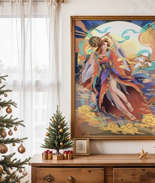 Elegant goddess with flowing robes against a mystical backdrop