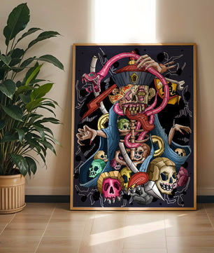 Colorful skeleton with skulls and snake illustration