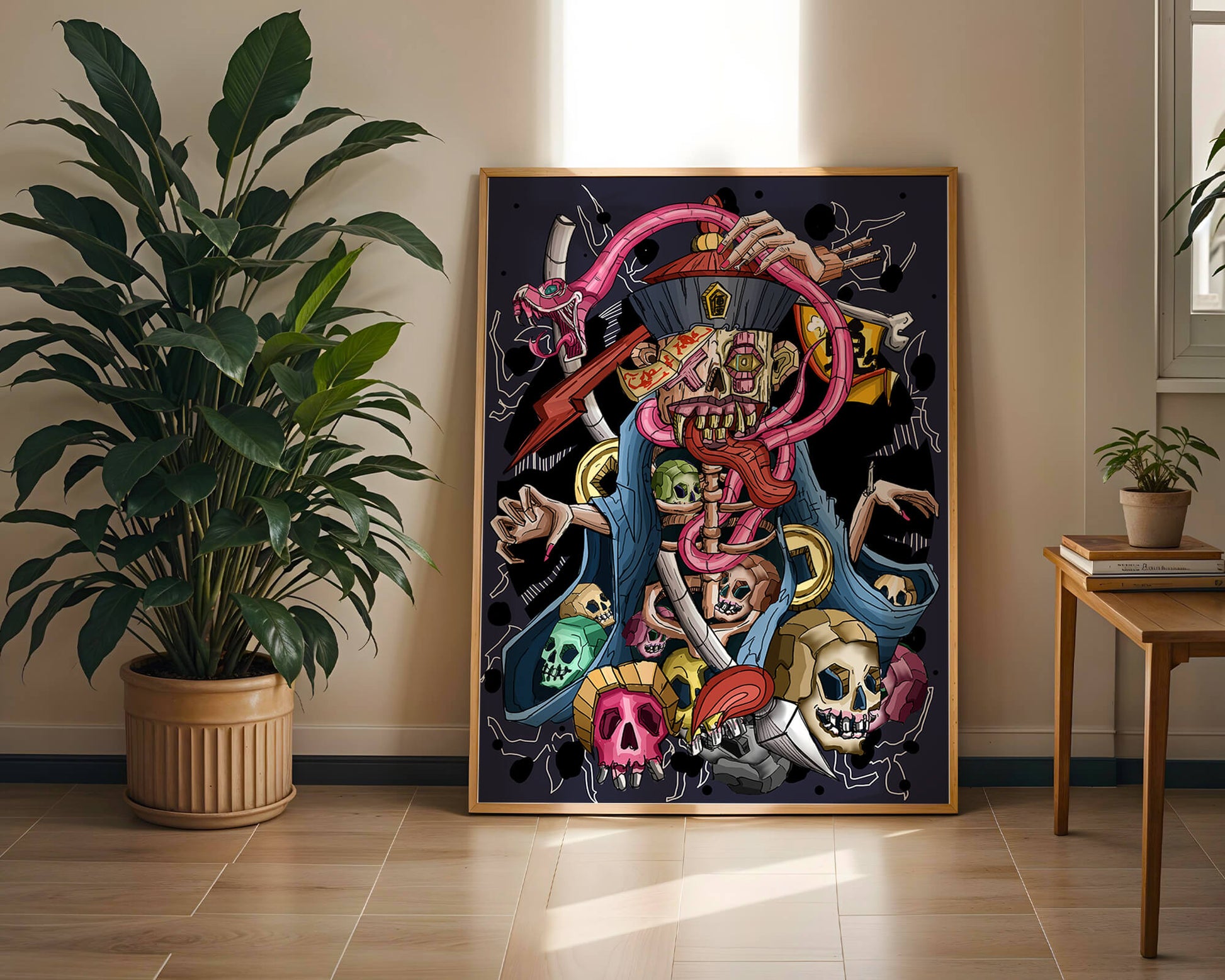 Colorful skeleton with skulls and snake illustration