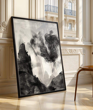 Paisaje monocromático con montañas y nubes abstractas