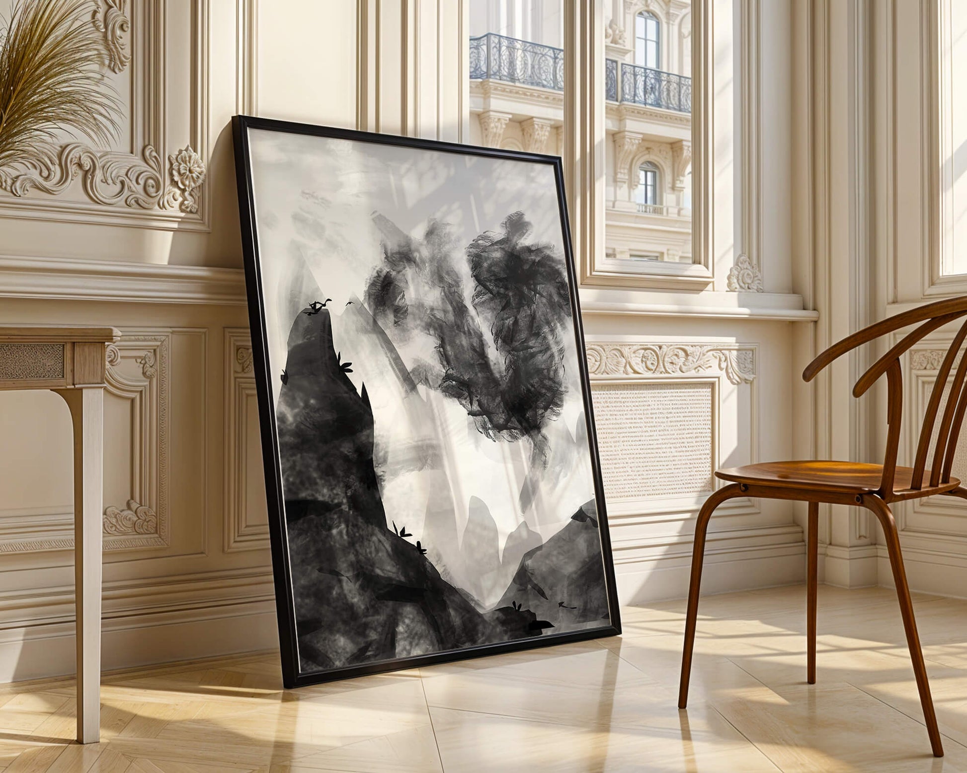 Paisaje monocromático con montañas y nubes abstractas