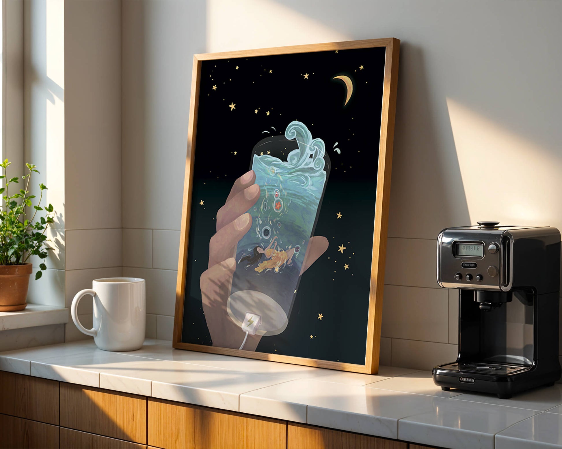 Abstract night sky scene with hand holding a glass of swirling water