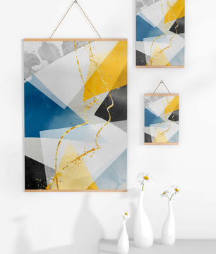 Abstract Geometric Art with Gold Accents in Blue, Yellow, and Gray - Mi tienda