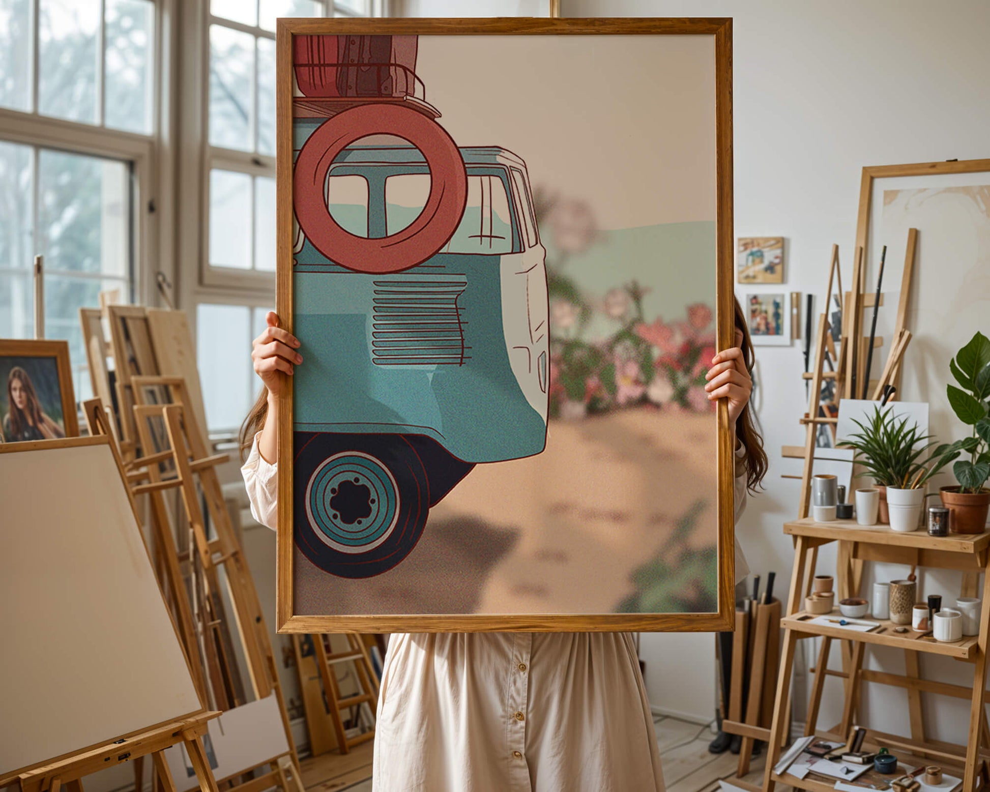 Viaje por carretera de verano en una furgoneta azul vintage