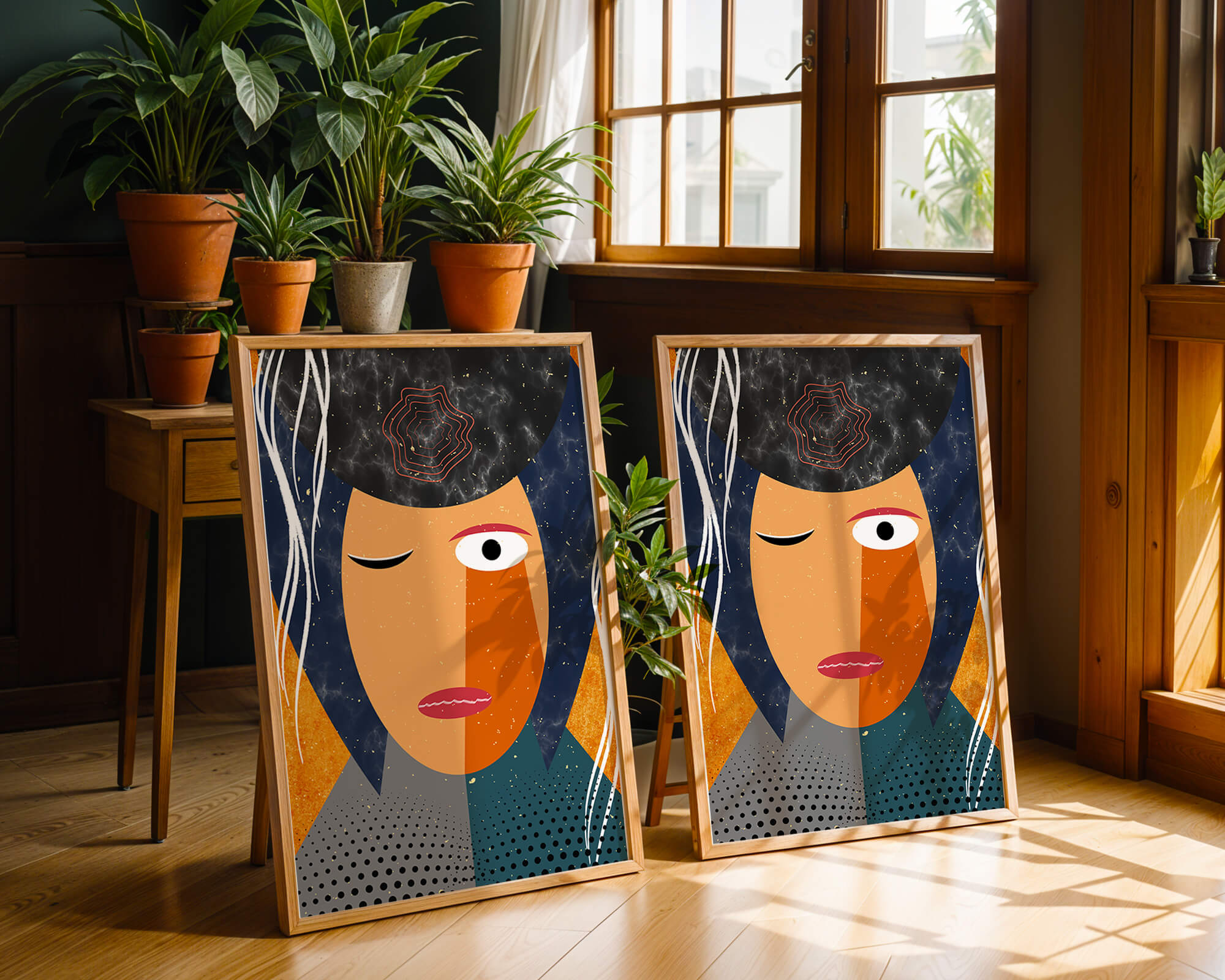 Abstract geometric portrait featuring vibrant colors and textures