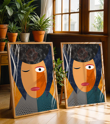 Abstract geometric portrait featuring vibrant colors and textures