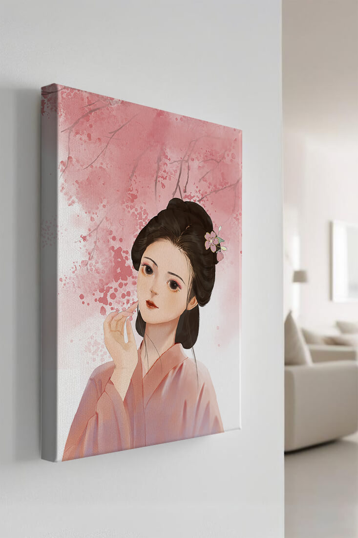 Traditional Japanese woman with pink cherry blossoms in the background