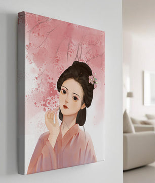 Femme japonaise traditionnelle avec des fleurs de cerisier roses en arrière-plan