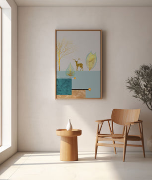 Abstrakte Komposition mit goldenem Hirsch und Blättern auf strukturiertem Hintergrund