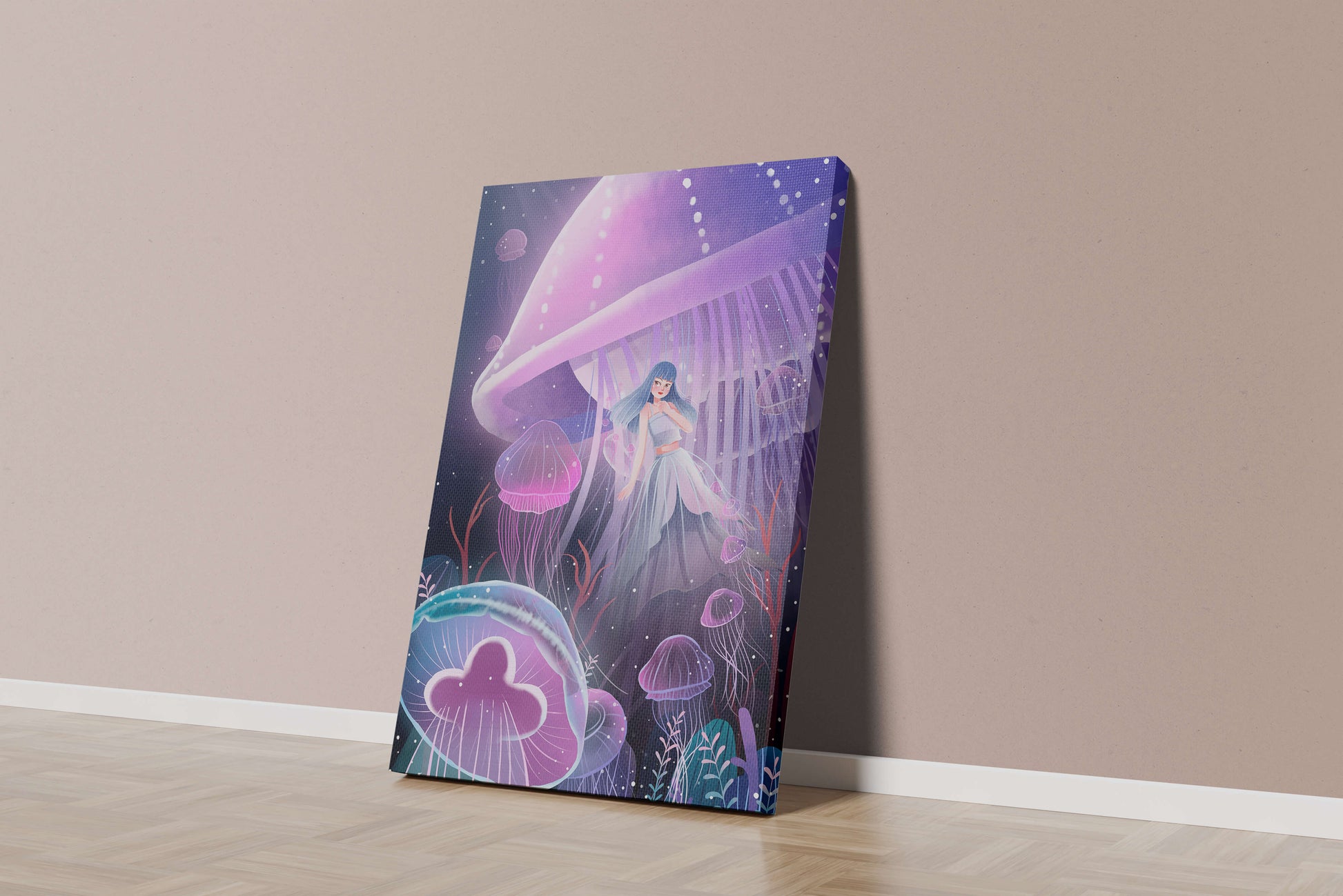 Underwater Fantasy Scene with Jellyfish and Girl